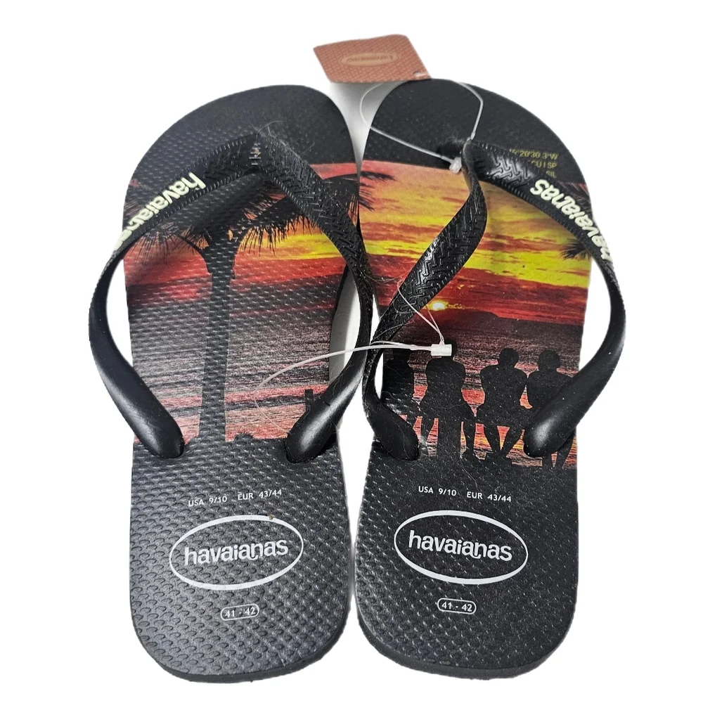 Havaianas Hype Massaguacu Beach Sunset Graphic Flip Flops Black Sz 41/42 NWT